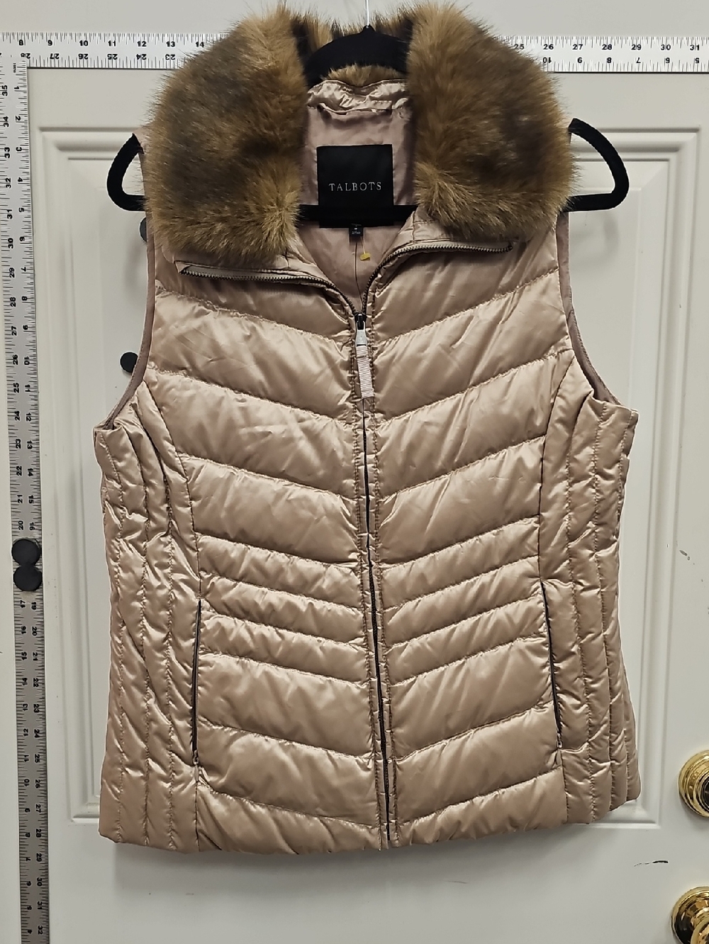 Talbots Quilted Puffer Vest with Faux-Fur Collar in Taupe